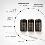 Il pacchetto comprende: quercetina 30 capsule, resveratrolo 30 capsule, nmn 60 capsule. Fornitura di 1 mese, liposomiale, senza glutine, vegana.