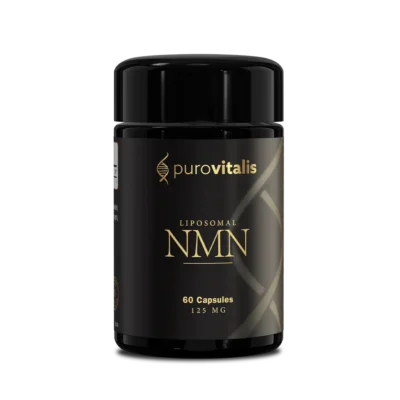 Liposomaal NMN-supplement van purovitalis. Vooraanzicht van glazen fles met 60 capsules van 125mg NMN