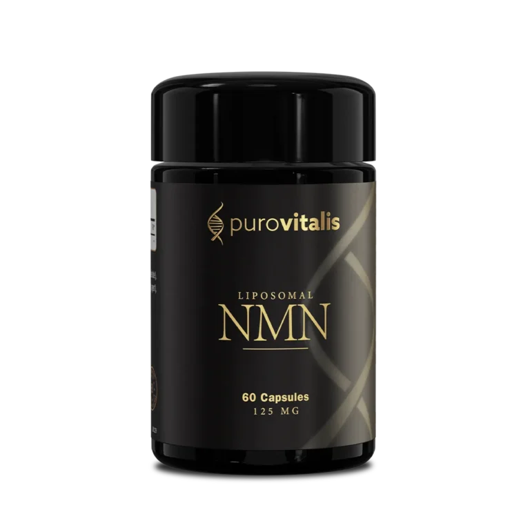 Liposomal NMN Supplement from purovitalis. Front display of glass bottle with 60 caps of 125mg NMN