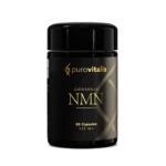 Integratore liposomiale di NMN di purovitalis. Bottiglia in vetro con 60 tappi di NMN da 125mg