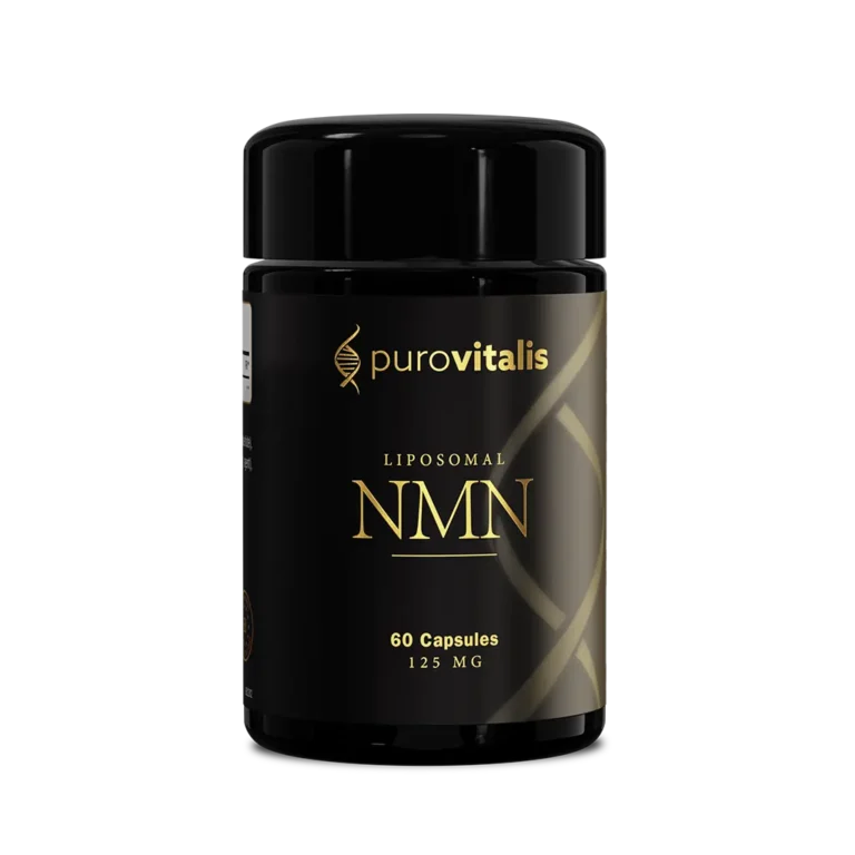 Liposomal NMN Supplement from purovitalis. Front display of glass bottle with 60 caps of 125mg NMN