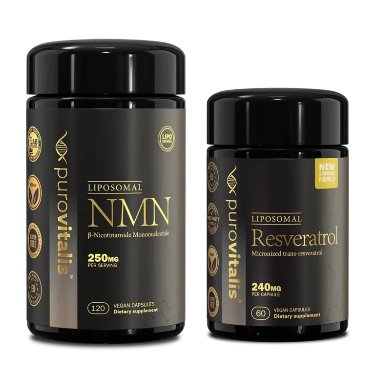 NMN + Resveratrol bundle from Purovitalis. 2 liposomal longevity supplements in one.