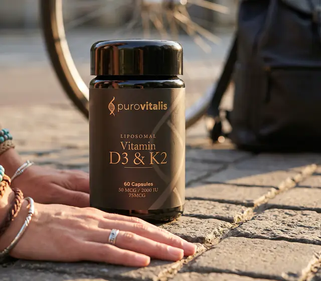 Liposomal Vitamin D3 & K2 auf dem Boden, mit dem Fahrrad im Gepäck