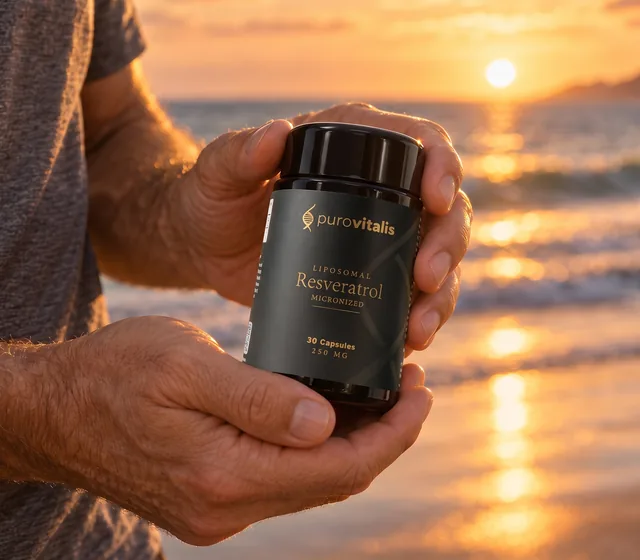 Mains tenant le Liposomal Resveratrol au bord de la mer au coucher du soleil