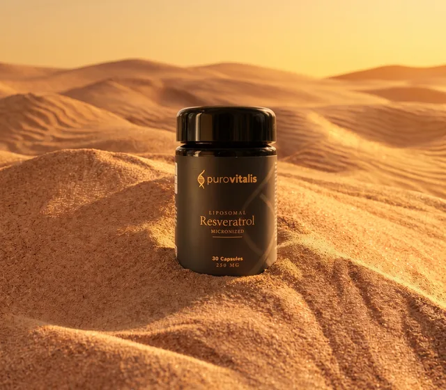 Liposomal Resveratrol posé dans le sable chaud