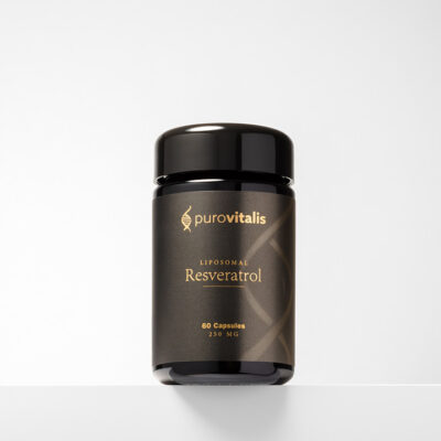 Image shows bottle of Liposomal Resveratrol 60 capsules 250mg