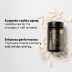 Image shows bottle of Vitamin D3 60 capsules laying flat on grey background. Supports healthy aging: contributes to the process of cell renewal. Enhances performance: Improves muscle recovery and cellular energy.