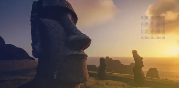 Vue du paysage serein de Rapa Nui, l&#039;origine de la rapamycine, avec en toile de fond les anciennes statues Moai symbolisant le lien entre la voie mTOR et la recherche sur la longévité et la quête de compréhension du rôle de la voie mTOR dans le vieillissement.