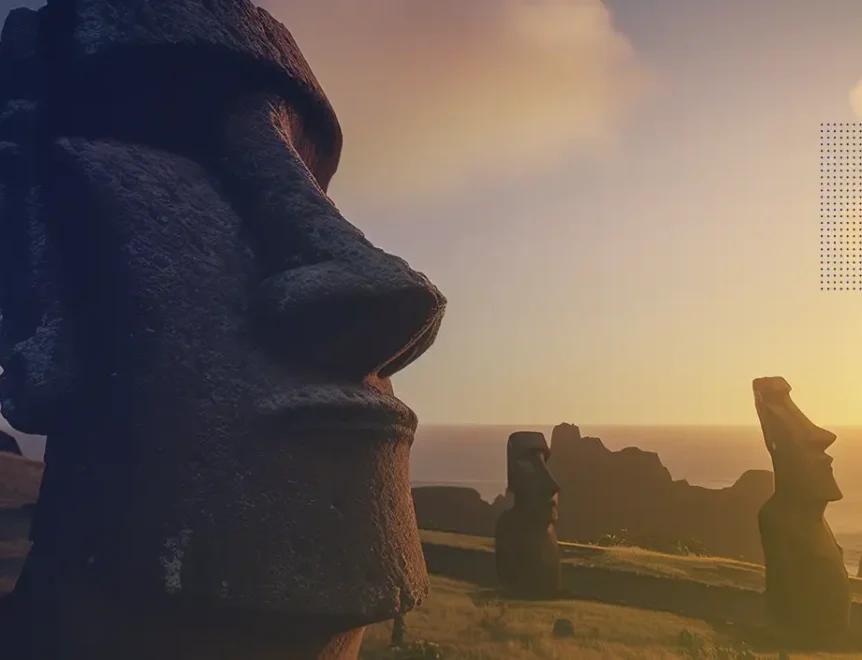 Vista del sereno paesaggio di Rapa Nui, luogo di origine della rapamicina. Sullo sfondo compaiono le antiche statue Moai e ricordano il legame tra la via mTOR e la ricerca sulla longevità, oltre allo studio sul ruolo della via mTOR nell’invecchiamento.