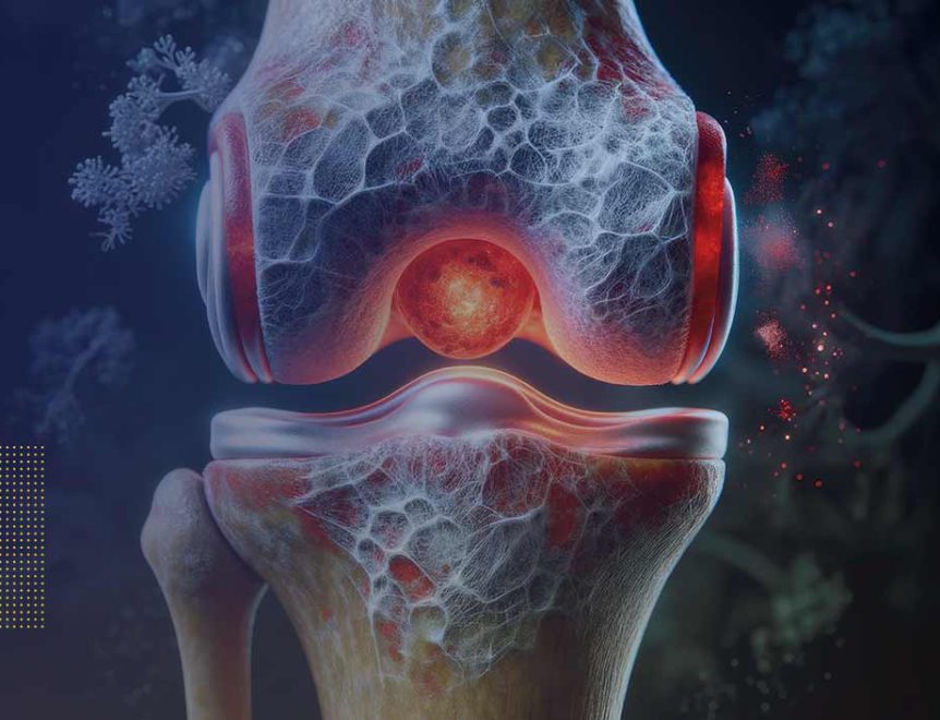 3D rendering of a knee with inflammation, highlighting the effects of 'Quercetin Inflammation' treatment. The image shows reduced redness and swelling, depicting how Quercetin can reduce inflammation in joint areas.
