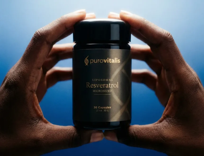 Mâini care țin o sticlă cu suplimentul „Purovitalis Liposomal Resveratrol Micronized” pe un fundal albastru cu degrade.