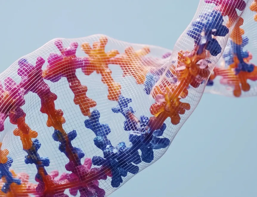 O dublă helix 3D a ADN-ului, în relief, alcătuită din ramificații moleculare organice în culori vii și o rețea pe un fundal albastru deschis, reprezentând cercetarea privind longevitatea cu NMN.