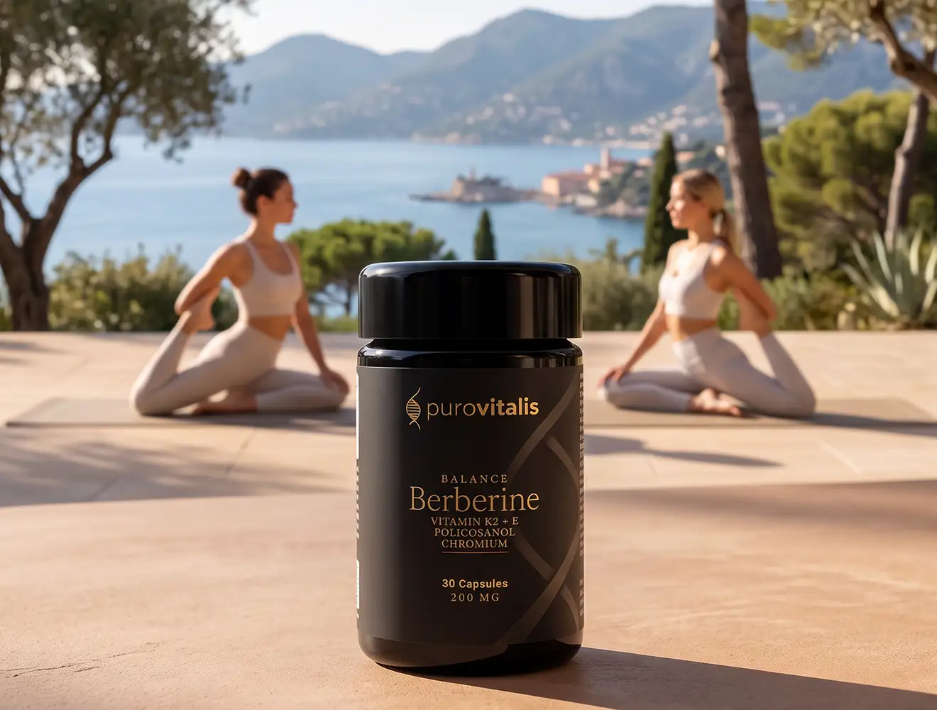 Eine Flasche Purovitalis Berberine Supplement steht vor Frauen, die am Strand Yoga im Freien machen.