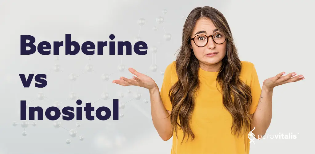 Image of a woman illustrating the difference between Berberine and Inositol. Berberine is a plant-based compound known for supporting blood sugar regulation and metabolic health. Inositol is a natural substance that supports hormone balance and reproductive health. Both are often used for promoting overall wellness, with Berberine focusing more on metabolism and Inositol on hormone function.