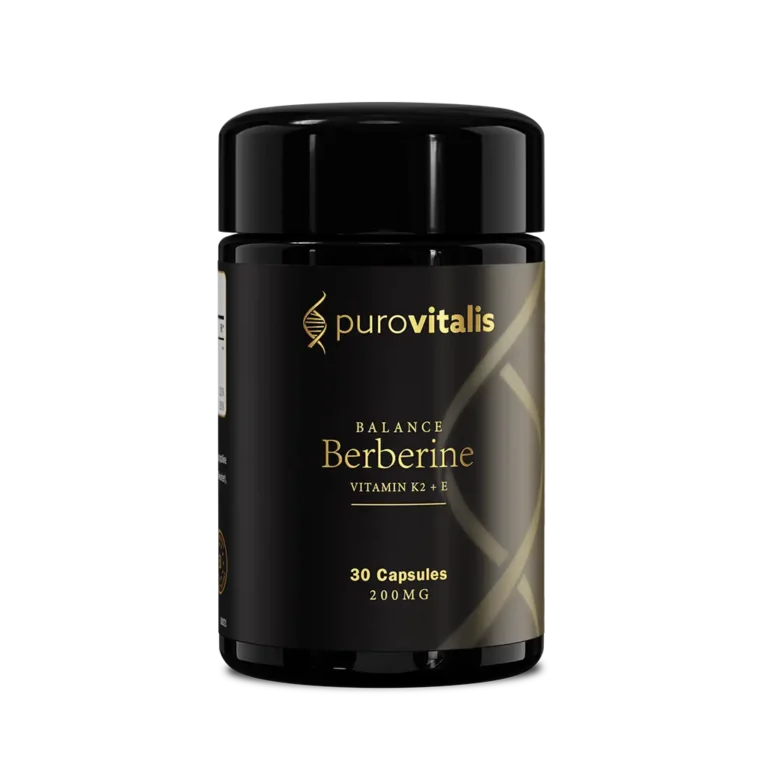 Advanced Berberine & Dihydroberberine Complex supplement bottle, featuring a blend of Berberine, Dihydroberberine, Vitamin K2, Vitamin E, and Policosanol to support blood sugar control, heart health, and metabolism.