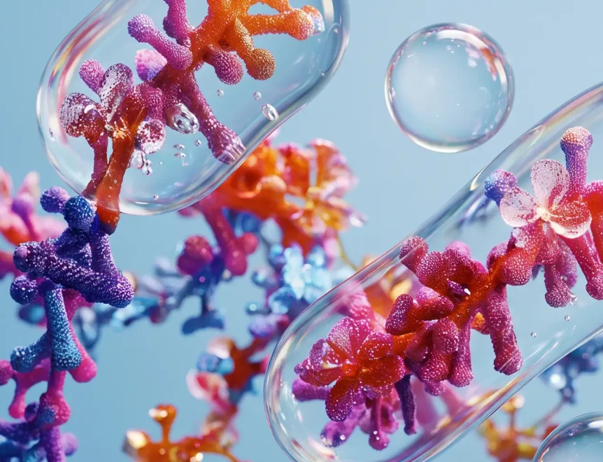 Ilustrație moleculară 3D cu capsule de sticlă transparente și structuri organice colorate pe un fundal albastru.