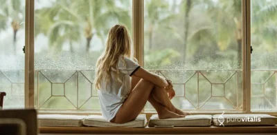 Image of a woman sitting by a window, gazing outside thoughtfully. This image represents the potential benefits of NMN supplements in supporting women’s reproductive health, particularly ovarian function, as discussed in recent studies