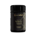Botella de suplemento Equilibrio de Berberina con Complejo de Dihidroberberina, que contiene una mezcla de berberina, dihidroberberina, vitamina K2, vitamina E y policosanol, cromo para favorecer el control del azúcar en sangre, la salud cardiaca y el metabolismo.