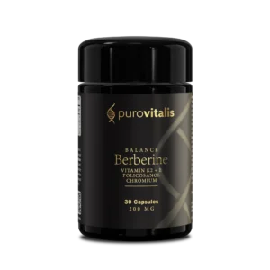 Supplementflesje Berberine Balance with Dihydroberine Complex, met een mengsel van Berberine, Dihydroberberine, Vitamine K2, Vitamine E en Policosanol, chroom ter ondersteuning van de bloedsuikercontrole, hartgezondheid en stofwisseling.