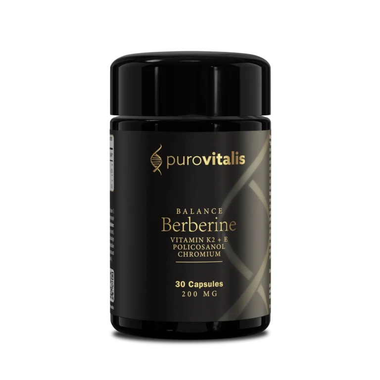 Berberine Balance with Dihydroberberine Complex supplement bottle, featuring a blend of Berberine, Dihydroberberine, Vitamin K2, Vitamin E, and Policosanol, chromium to support blood sugar control, heart health, and metabolism.