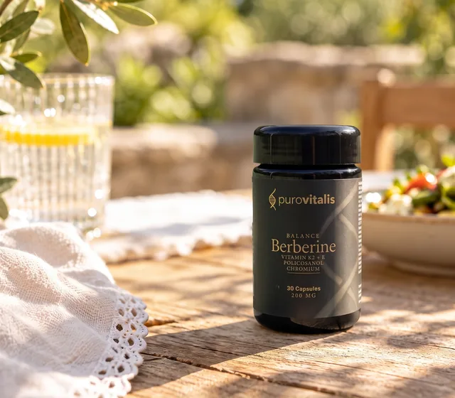 Berberine Balance su un tavolo da cucina con cibo fresco