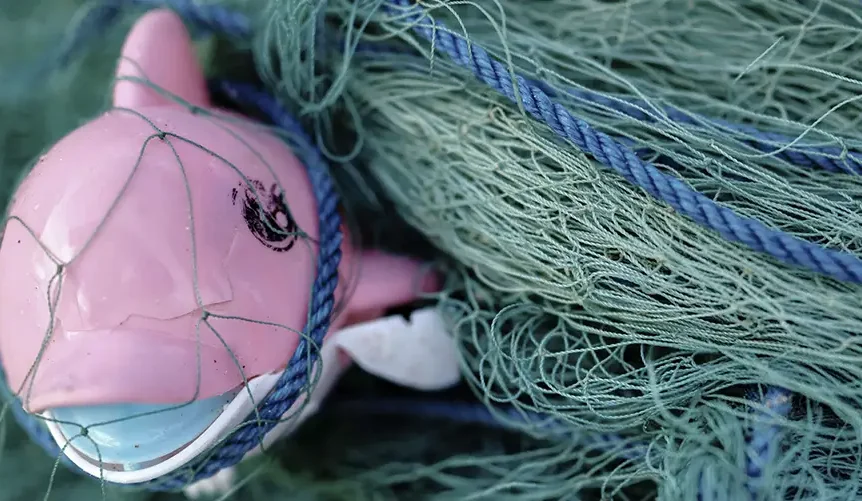 delfino di plastica in una rete da pesca