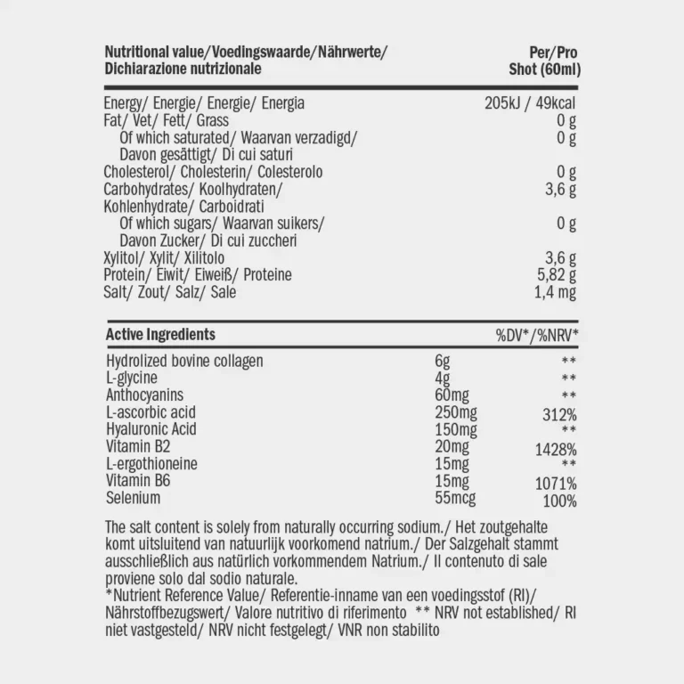 Nærbillede af de vigtigste ingredienser i Rewind Liquid Collagen, herunder hydrolyseret kollagen, glycin, anthocyaniner og L-ergothioneine.