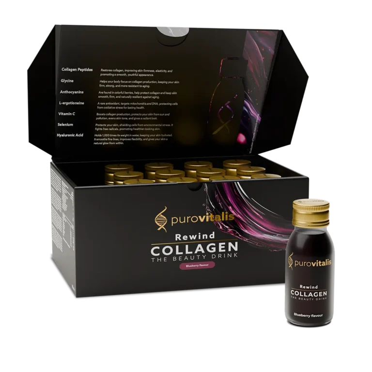 Æske med Rewind Liquid Collagen, der indeholder 15 daglige shots, designet til nemt og bekvemt kollagentilskud.