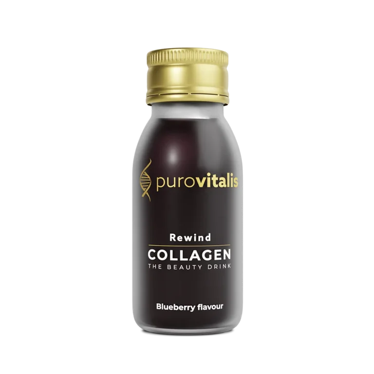 Rewind Liquid Collagen drink, et luksuriøst 60 ml drikkeklart shot, der fugter huden og støtter kollagen.