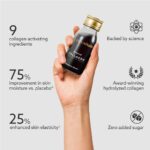 Hand holding a glass bottle of Purovitalis collagen supplement; highlights include 9 collagen-activating ingredients, 75% improvement in skin moisture, 25% enhanced skin elasticity, zero added sugar, backed by science, and award-winning formula