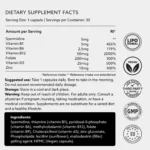 Fatti integratori per l'integratore Spermidina liposomiale: Dose: 1 capsula. Dosi per contenitore: 30. Quantità per dose: Spermidina - 5mg. Vitamina B1 - 5mg. Vitamina B6 - 2,5mg. Vitamina B12 - 50mcg Folato - 200mcg. Vitamina D3 - 25mcg. Zinco - 10mg. Uso consigliato: Assumere 1 capsula al giorno. Da assumere preferibilmente al mattino. Non superare la dose giornaliera raccomandata. Conservazione: Conservare in un luogo fresco e buio. Avvertenze: Tenere fuori dalla portata dei bambini. Solo per adulti. Consultare un medico in caso di gravidanza/allattamento, assunzione di farmaci o condizioni mediche particolari. Gli integratori non sostituiscono una dieta varia e uno stile di vita sano. Ingredienti: Spermidina, tiamina (vitamina B1), piridossal-5-fosfato (vitamina B6), metilcobalamina (vitamina B12), folato (vitamina B9), colecalciferolo (vitamina d3), gluconato di zinco, fosfolipidi: lecitina (girasole), maltodestrina (riempitivo) agente gelificante: HPMC (Vegan; capsula). Liposomiale, vegano, testato da terze parti, buone pratiche di produzione, prodotto nell'UE.