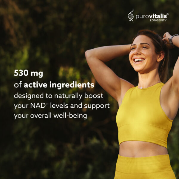 Booster NAD+ comprenant 530mg de principes actifs, complément NR avec Anthocyanines, Nicotinamide et PQQ.