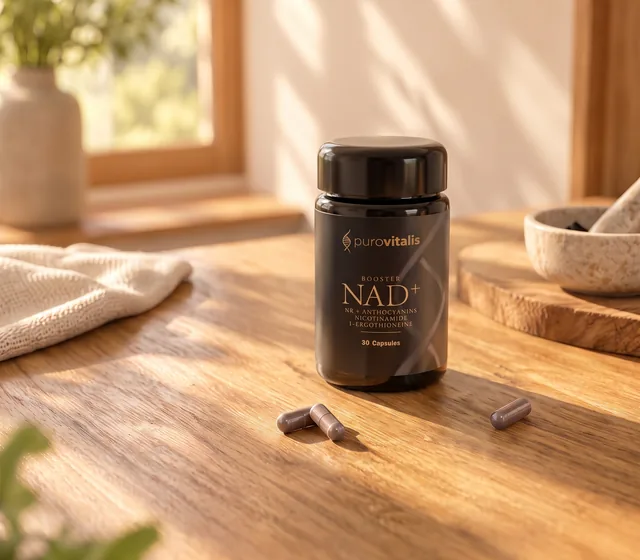 NAD+ Booster on a wooden table with capsules