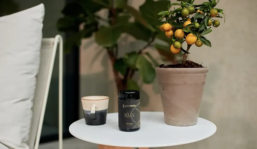 A bottle of NMN supplements on the table together with a coffeecup and a calamondin orange plant.