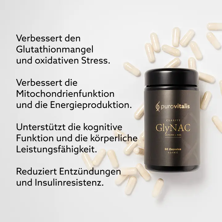 Verbessert Glutathionmangel und oxidativen Stress. Verbessert die Funktion der Mitochondrien und die Energieproduktion, unterstützt die kognitive Funktion und die körperliche Leistungsfähigkeit, reduziert Entzündungen und Insulinresistenz.