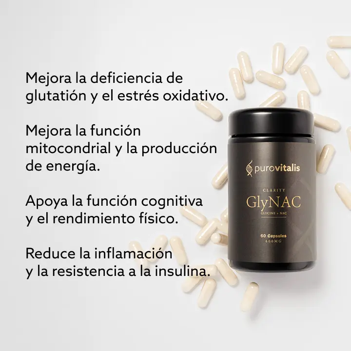 Mejora la deficiencia de glutatión y el estrés oxidativo. Mejora la función mitocondrial y la producción de energía.Favorece la función cognitiva y el rendimiento físico.Reduce la inflamación y la resistencia a la insulina.
