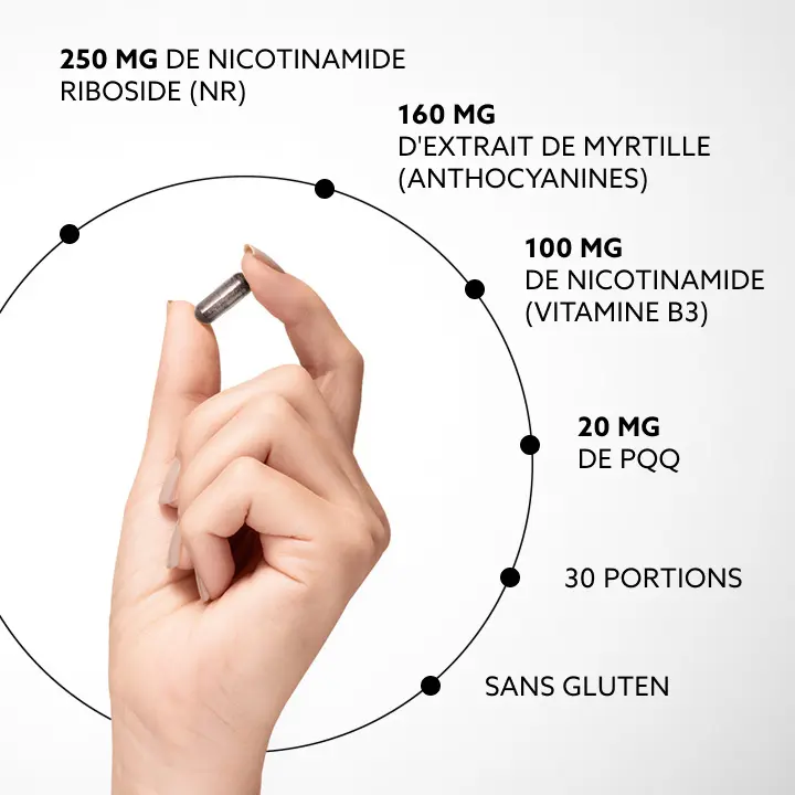 250 mg de nicotinamide riboside (NR), 160 mg d'extrait de myrtille (anthocyanes), 100 mg de nicotinamide (vitamine B3), 20 mg de PQQ, 30 portions, sans gluten