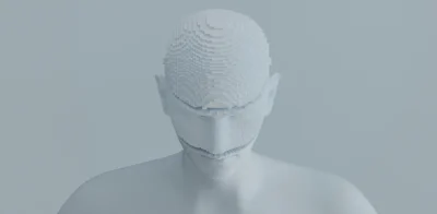 Sculpture of a human upper body and head, with the head slightly tilted and pointing forward. The surface has a rough, uneven texture, possibly made of plaster, contrasting with the human form.