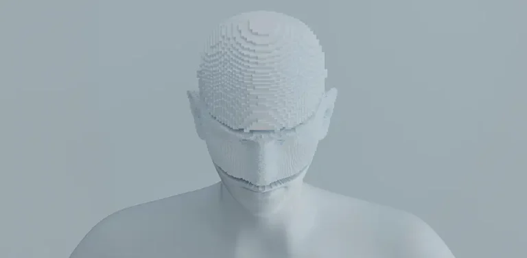 Sculpture of a human upper body and head, with the head slightly tilted and pointing forward. The surface has a rough, uneven texture, possibly made of plaster, contrasting with the human form.