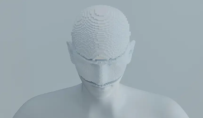 Escultura que representa la parte superior del cuerpo y la cabeza de una persona, con la cabeza ligeramente inclinada y mirando hacia delante. La superficie tiene una textura rugosa y irregular, posiblemente de yeso, que contrasta con la forma humana.