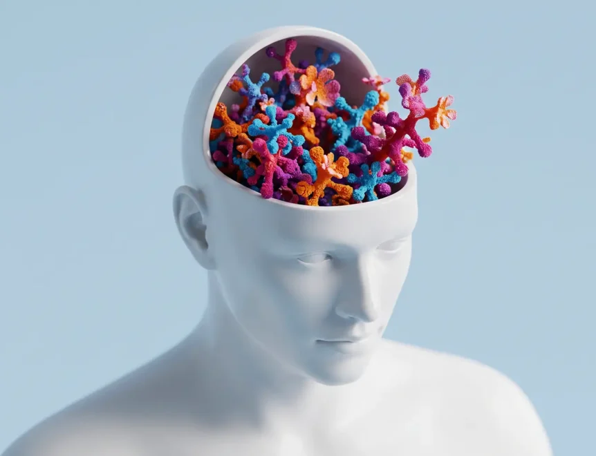 Sculptură abstractă 3D care reprezintă un cap uman și ilustrează sănătatea creierului, vitalitatea cognitivă și claritatea mentală.