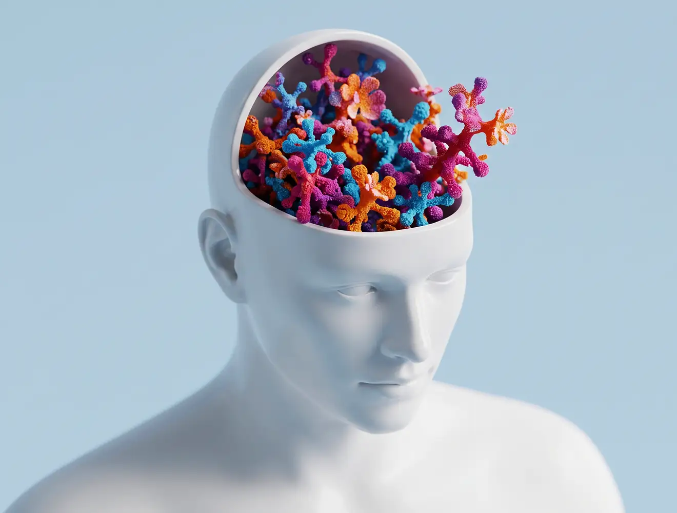 Scultura astratta in 3D di una testa umana che illustra la salute del cervello, la vitalità cognitiva e la lucidità mentale.