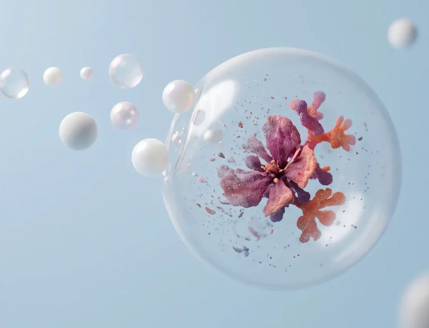 Abstract 3D illustration representing cellular autophagy and renewal with a clear sphere enclosing an organic molecule on a light blue background.