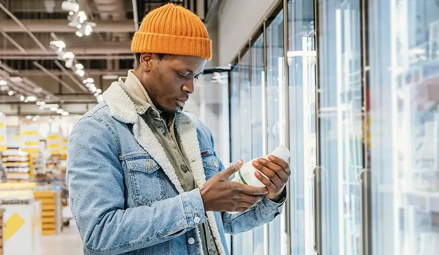 En mand iført en orange hue og en denimjakke læser etiketten på en vare, mens han handler i køleafdelingen i et supermarked.