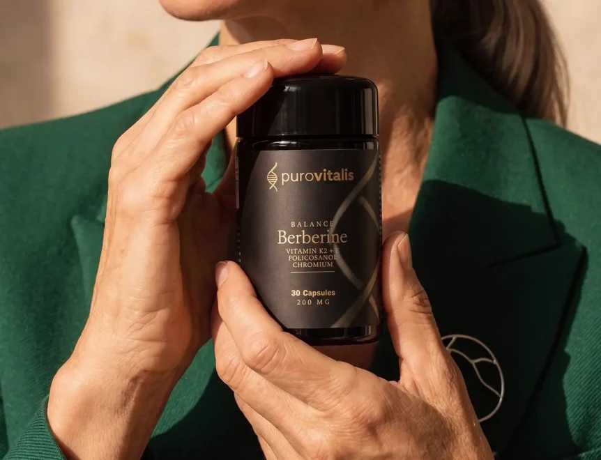 Prim-plan cu o femeie care ține în mână un flacon cu suplimentul Purovitalis Berberine Balance 200 mg, care conține vitamina K2, vitamina E, policosanol și crom.