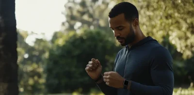 Man wearing a smartwatch outdoors, standing in a park and checking his Apple Watch after exercise.
