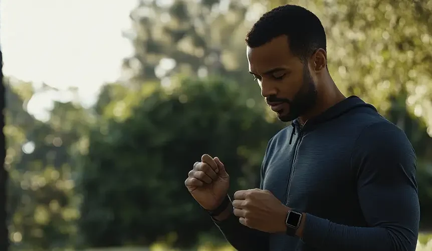En mand, der bærer et smartur, står i en park og tjekker sit Apple Watch efter træningen.