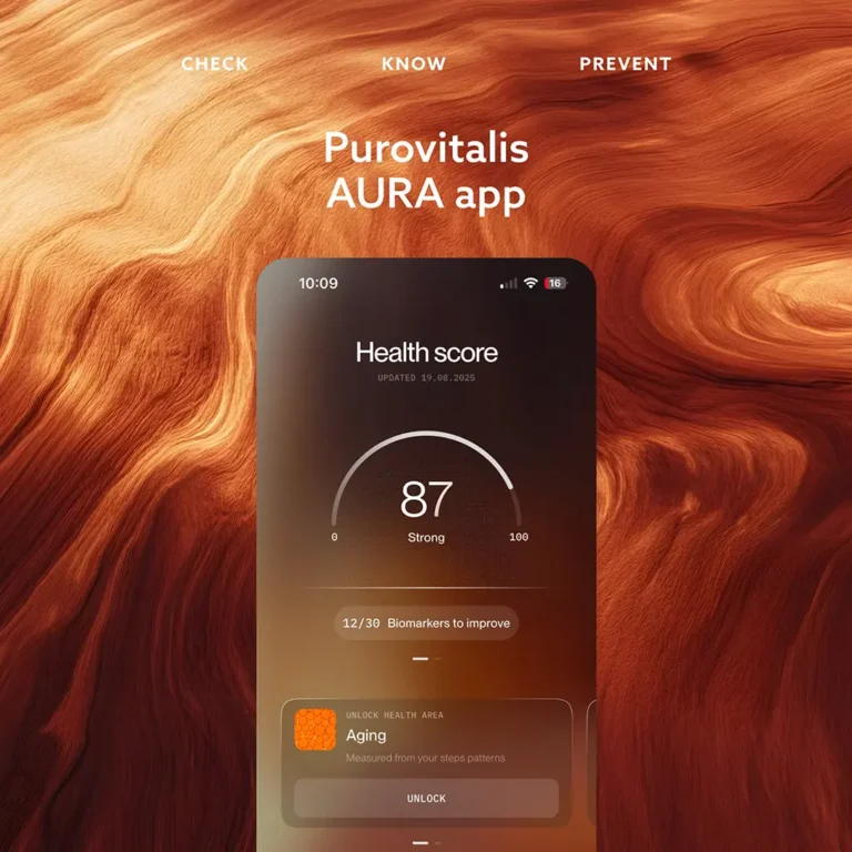 Aplicația de longevitate Purovitalis Aura AI, urmărește 50+ biomarketuri și descoperă-ți gratuit vârsta biologică.