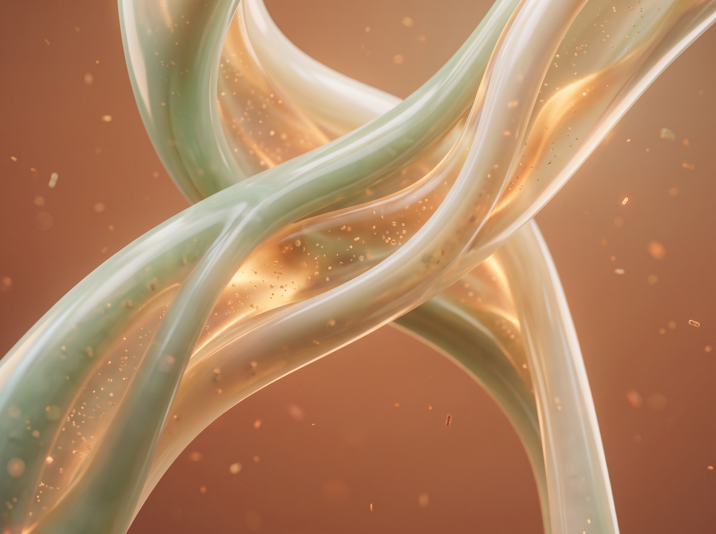 Abstract close-up of two smooth, intertwined curved shapes in pale tones on a beige background.