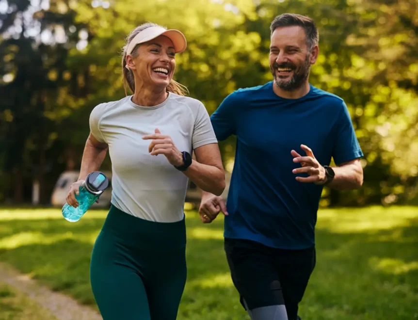 Een actieve man en vrouw die buiten joggen, wat symbool staat voor een gezonde stofwisseling en het verminderen van viscerale vet voor longevity.